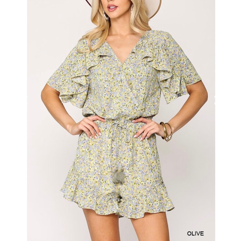 GIGIO Boho Chic Light Olive Floral Ruffle Romper - Picture 6 of 7
